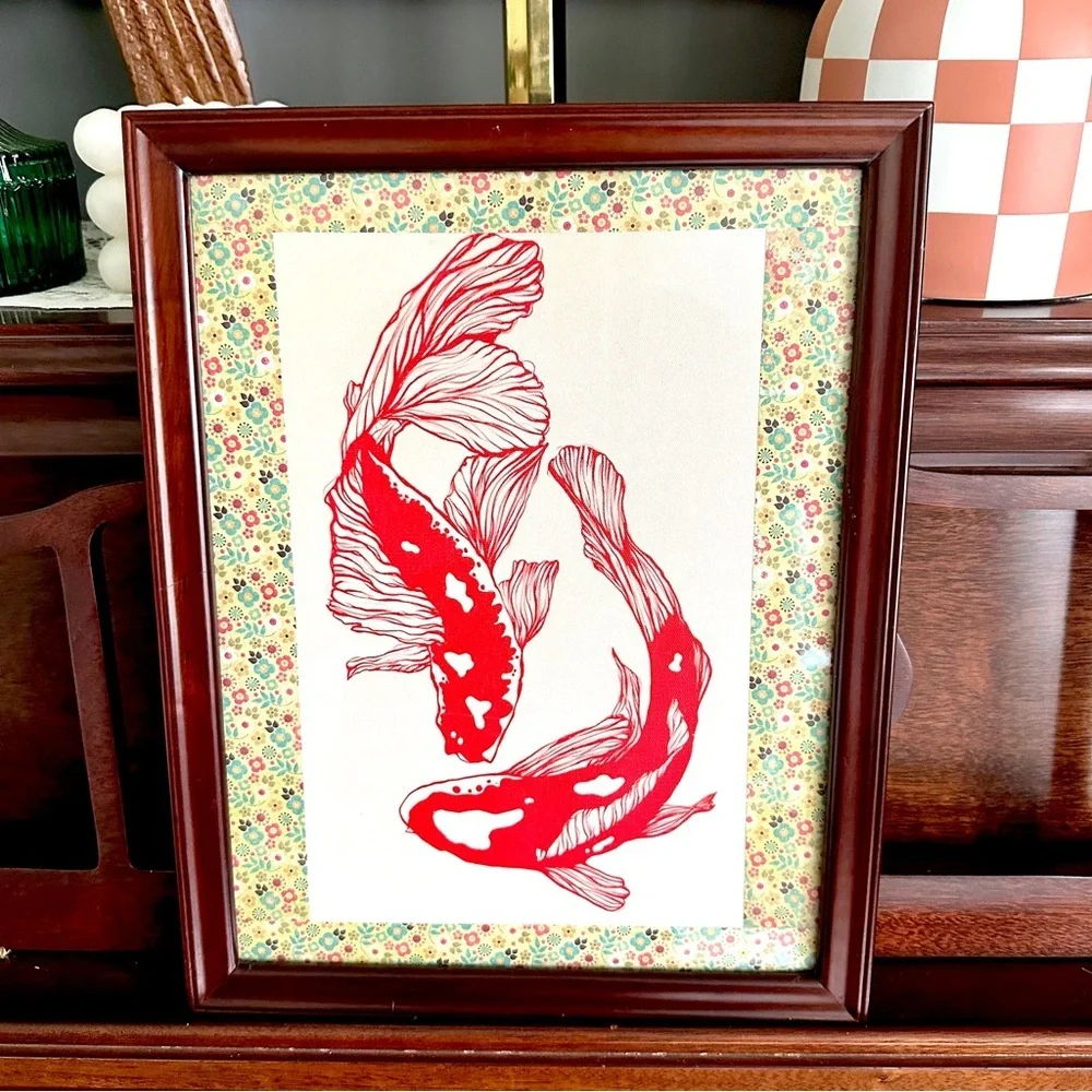 Red Koi Fish Canvas Art Print Floral Border Cherry Wood Framed Asian Wall Art